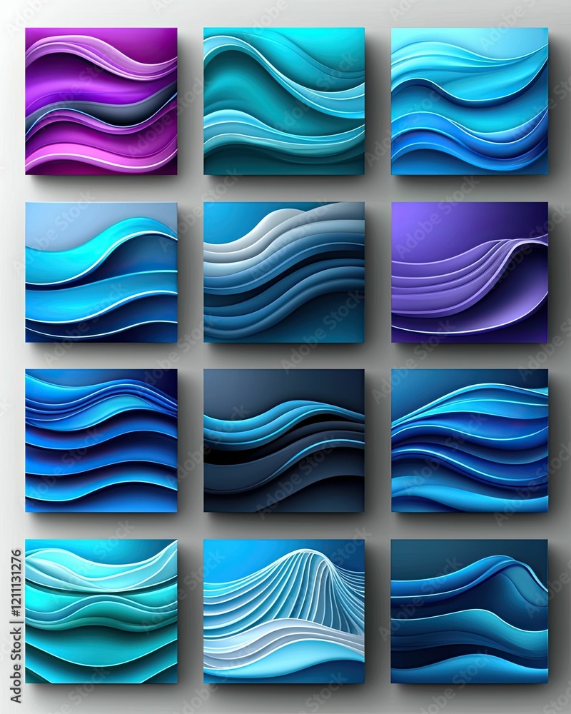 Aufkleber a vibrant collage of textured wave patterns in various shades of blue and purple, creating a dynamic