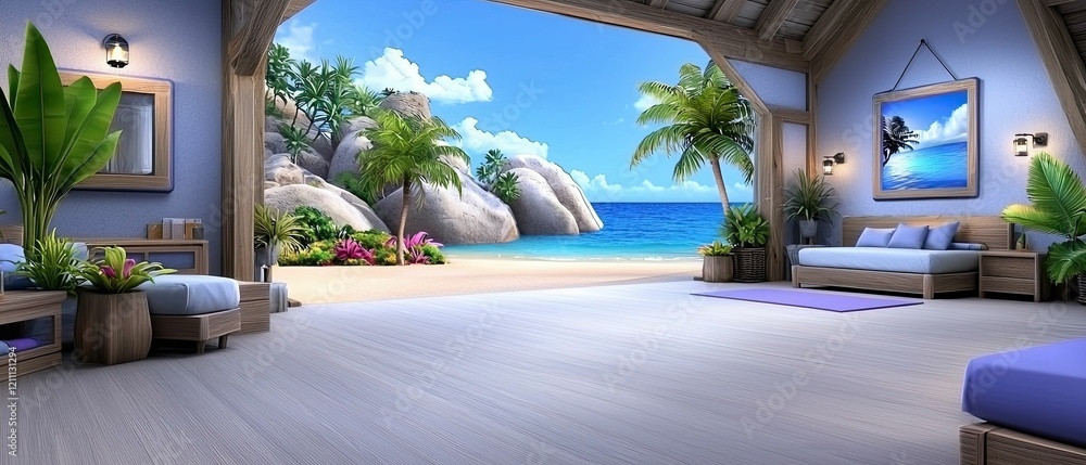 Wall mural a serene beach view from a cozy room, featuring tropical plants, bright colors, and a tranquil ocean