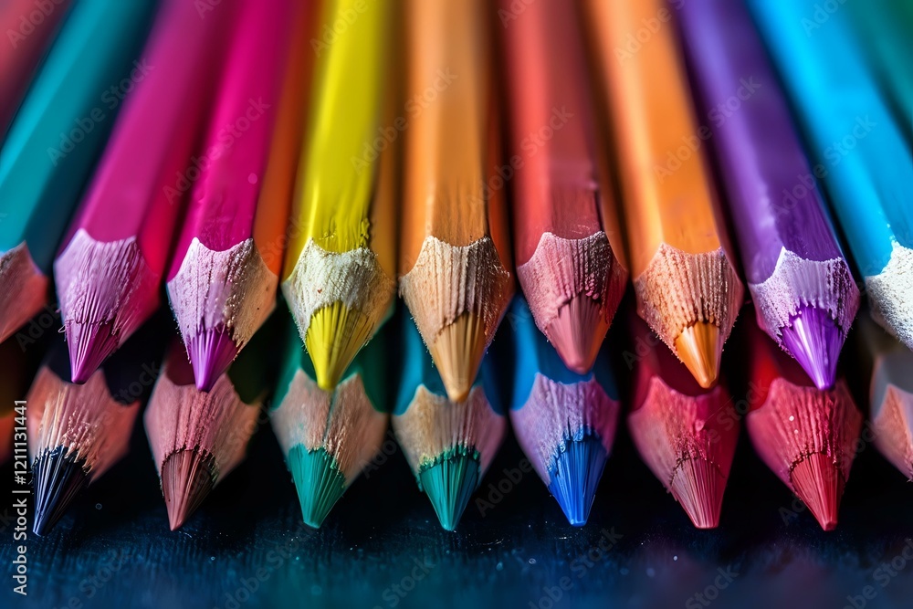 Poster vibrant colored pencils arranged in a row showing sharp graphite tips in macro photography, perfect 