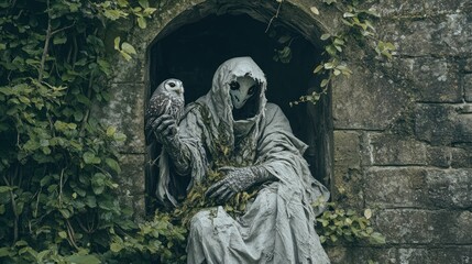 Obraz premium Hooded figure, owl, stone niche, overgrown ruins, fantasy
