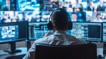 Serious looking executive intently analyzing and reviewing important financial data and market information displayed on multiple computer screens in a contemporary corporate office setting
