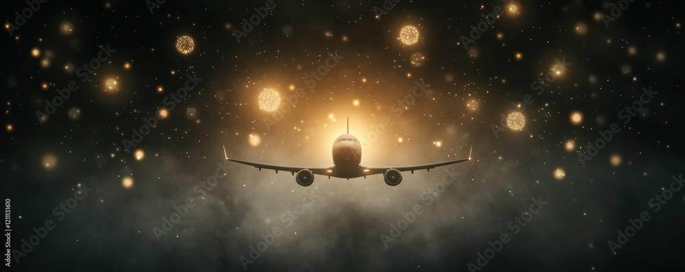 Poster a silhouette of an airplane emerges from a glowing background, surrounded by soft light, creating a 