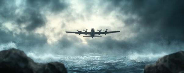 A silhouetted airplane soars above tumultuous waves under a dramatic, stormy sky, creating a striking contrast between nature and aviation.