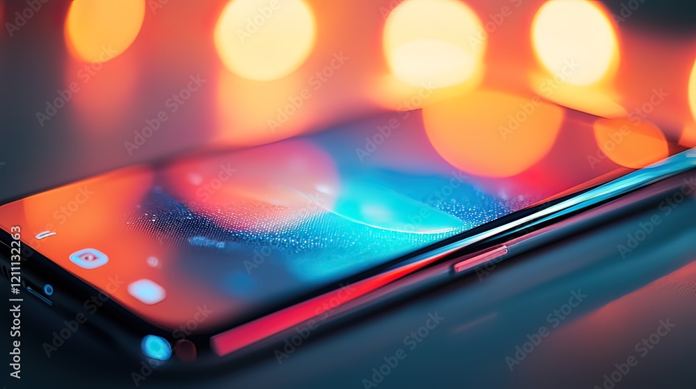 Poster smartphone screen displaying abstract blue and orange light particles against a blurred bokeh backgr