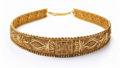 Intricate gold belt with ornate detailing.