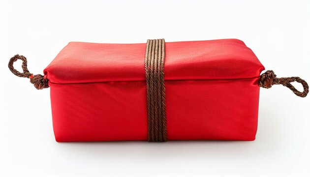 Red gift box tied with brown string.