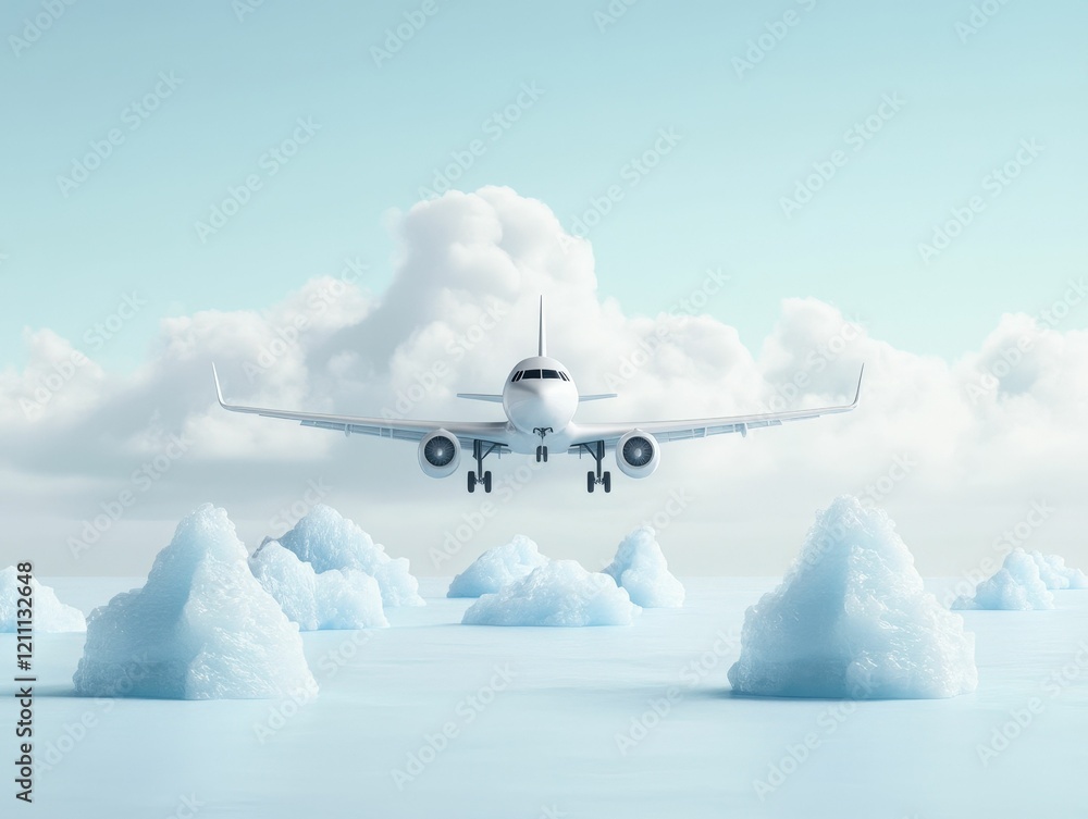 Poster a plane approaches floating icebergs under a serene sky, blending elements of aviation and nature in