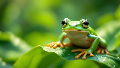 Naklejka premium Vibrant Green Tree Frog on Lush Leaf Perfect for Nature Photography