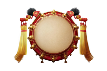 Traditional Asian Drum: A richly detailed image of a traditional Asian drum, adorned with golden tassels and intricate red accents, ready for use in design or as a cultural symbol. 
