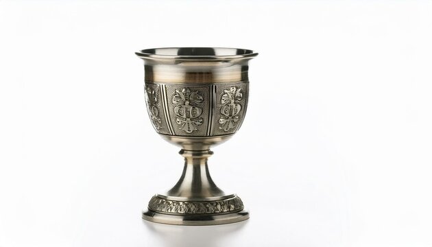 Ornate silver goblet on white background.