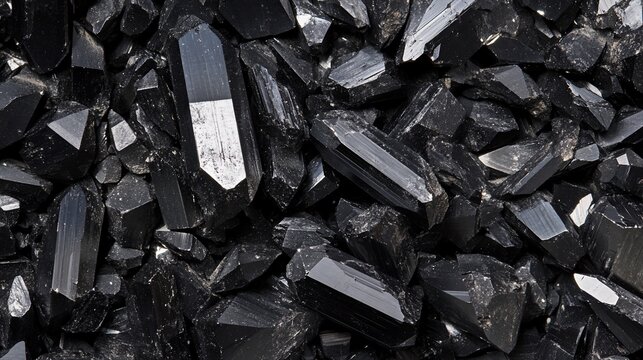 Black tourmaline crystal pile, rough, raw, natural mineral texture background.