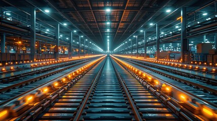 Fototapeta premium Illuminated Railway Tracks in Industrial Setting