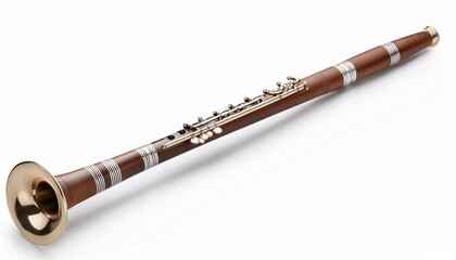 Fototapeta premium A dark wood clarinet with brass and silver accents rests on a white background.