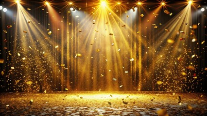 Golden stage, New Year's Eve confetti bursts, empty retro-lit mockup, perfect for vintage award show design.