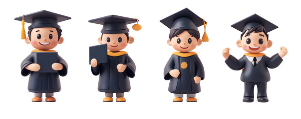 Four 3D rendered cartoon graduates in caps and gowns, isolated on transparent background.