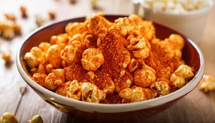 Fototapeta premium Spicy popcorn in a bowl. A delicious and crunchy snack.