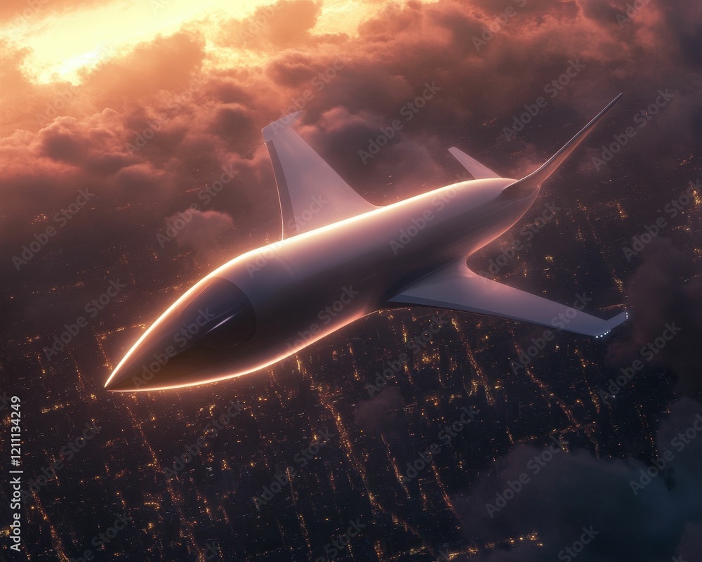 Poster a futuristic aircraft soars through a colorful sunset, surrounded by clouds and illuminated by soft 