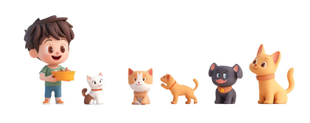 Obraz premium 3D Render of Boy Feeding Adorable Cartoon Cats and Dog Isolated on Transparent Background