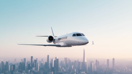 A sleek private jet soars above a city skyline, creating a striking contrast against the soft pastel sky at dawn or dusk.