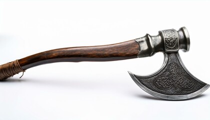Ornate battle-axe with wooden handle, isolated on white background.