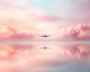 A serene airplane flies through pastel skies, reflecting on a calm water surface, creating a dreamy, tranquil atmosphere.