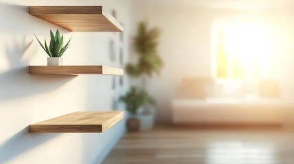 Fototapeta premium Three empty wooden shelves on a white wall in a bright room with blurred background.