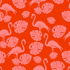 pink flamingo and tropical leaves silhouette pattern