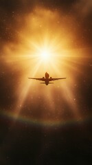 Naklejka premium A silhouette of an airplane flies toward a radiant golden light, surrounded by a cosmic atmosphere, evoking a sense of journey and exploration.