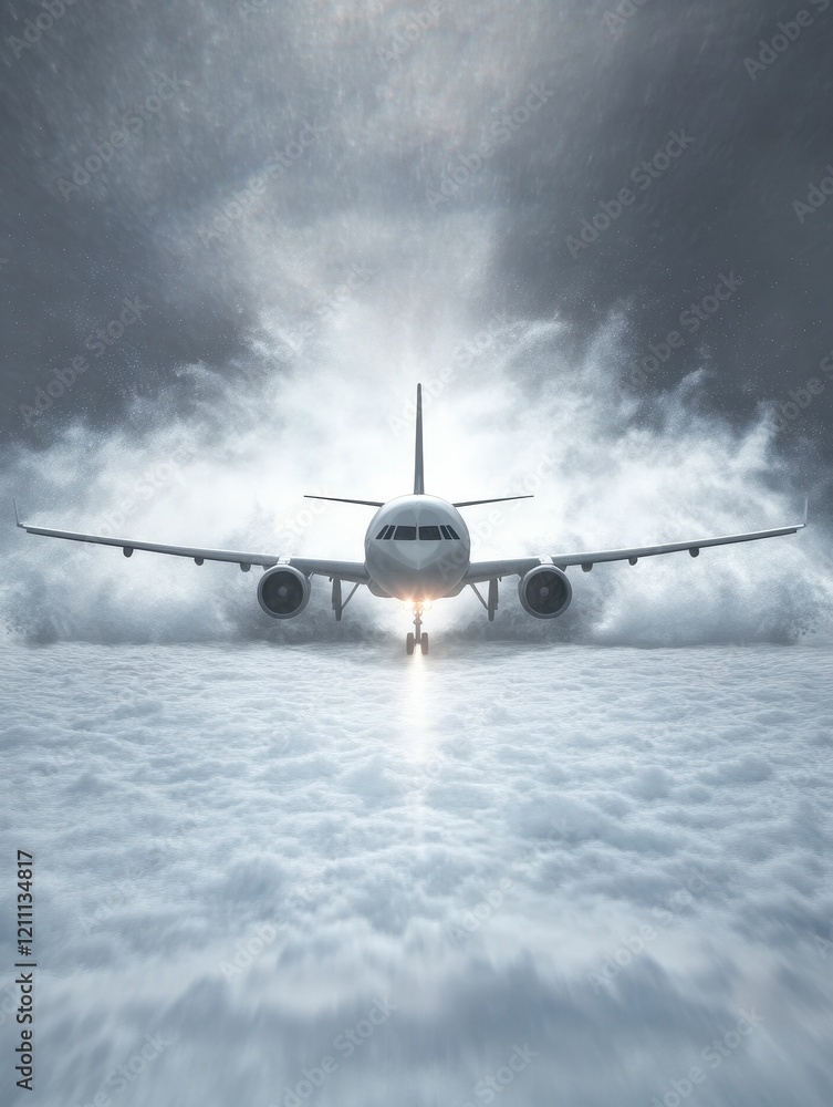 Poster a dramatic scene of an airplane emerging from thick clouds, with light illuminating its path, creati