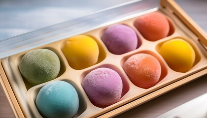 Assorted colorful mochi ice cream in a wooden box.