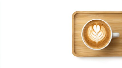 A beautifully crafted latte art heart design on a wooden tray, highlighting the rich colors and textures of coffee.
