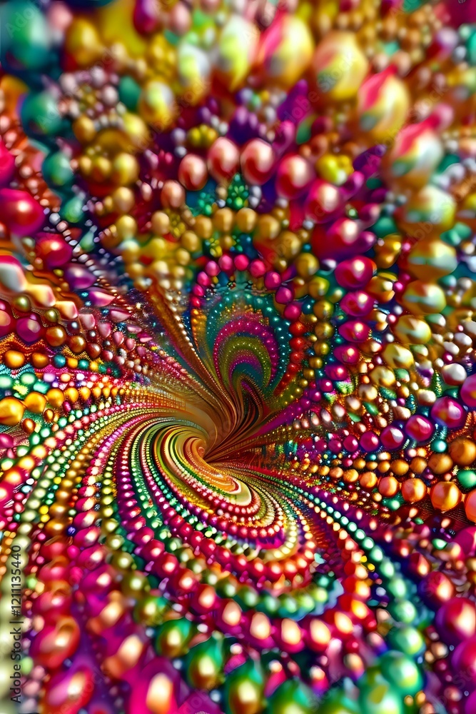 Poster vibrant spiral fractal artwork with colorful metallic spheres creating a mesmerizing swirl pattern. 