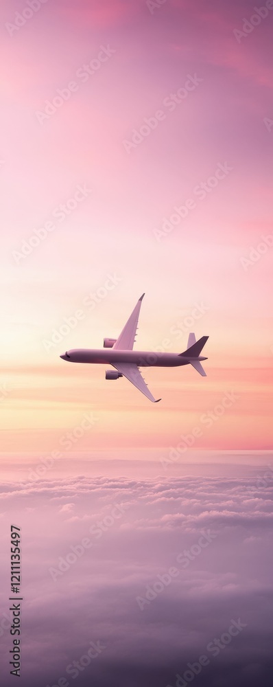 Poster A plane soars through pastel skies at sunset, creating a serene and tranquil view above the clouds.