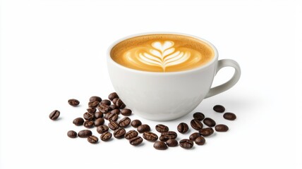 Obraz premium A creamy latte in a white cup, topped with a delicate leaf pattern, surrounded by scattered coffee beans.