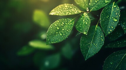 close up photograph of green leaves with water droplets features a cluster of leaves in the foreground sharply focused with a blurred background that creates a bokeh effect