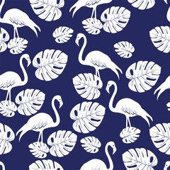 white flamingo tropical pattern on blue background