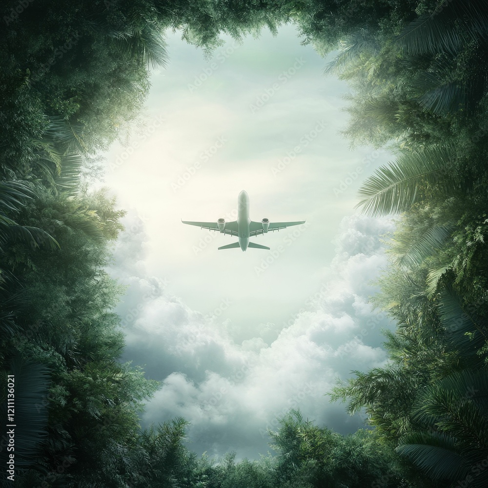 Poster an airplane flies through a clouded sky, framed by lush greenery, creating a serene and adventurous 