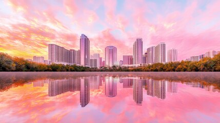 Obraz premium Serene City Skyline at Dusk with Vivid Pink and Orange Clouds Reflected in Calm Water