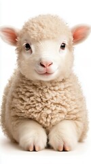 Adorable young lamb with fluffy wool and gentle eyes sitting calmly against a clean background