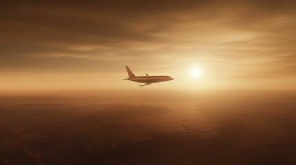 Naklejka premium A silhouette of an airplane flying against a stunning sunset, casting a golden hue over the sky, symbolizing travel and adventure.