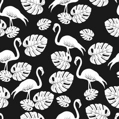 white flamingo tropical pattern on dark background