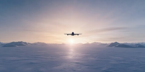 A serene landscape with an airplane flying above snowy terrain, illuminated by a beautiful sunrise, showcasing nature's tranquility.