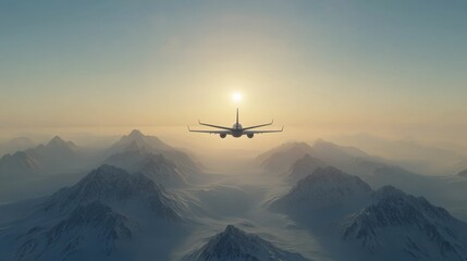 Fototapeta na wymiar A serene airplane soars above majestic mountains, illuminated by the warm glow of the rising sun, embodying tranquility and adventure in the sky.