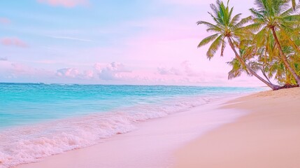 Fototapeta premium Serene Tropical Beach with Palm Trees and Gentle Waves Under a Colorful Sky at Sunset