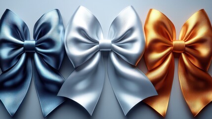 Iridescent Metallic Bows in Blue, Silver, and Gold Arranged on Neutral Background
