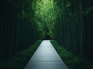 Serene bamboo path leading through lush greenery and tranquility.
