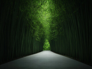 Serene bamboo pathway surrounded by lush greenery.