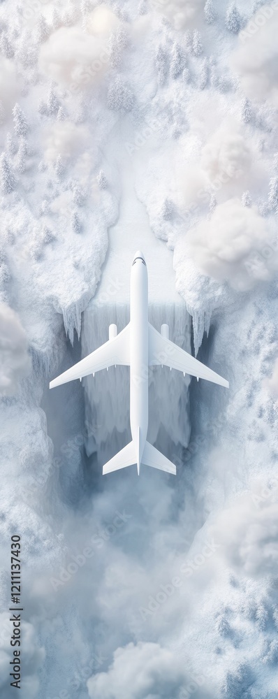 Poster aerial view of an airplane flying above fluffy clouds, creating a visible path through the misty atm