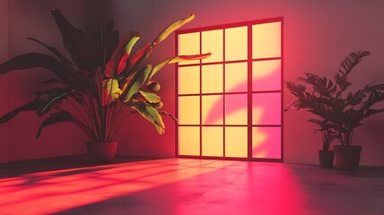 Tropical Plants Illuminated by a Sunset Window