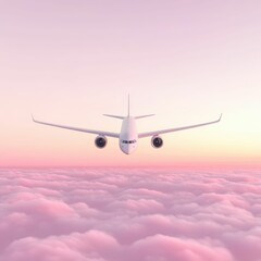 Fototapeta premium A serene view of an airplane flying above fluffy clouds during a pastel sunset, capturing the essence of travel and adventure.